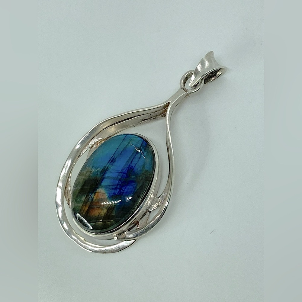 Vtg Sterling Silver & Labradorite Art Nouveau Style Pendant | 2.5” L | 21.5g